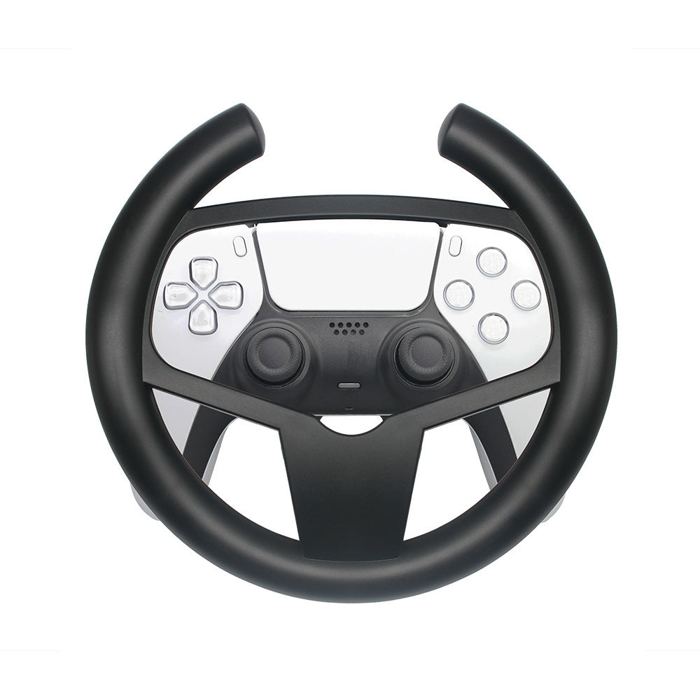 Black steering wheel with gaming controller interface on a white background