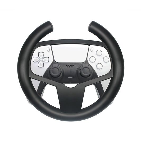 Black steering wheel with gaming controller interface on a white background