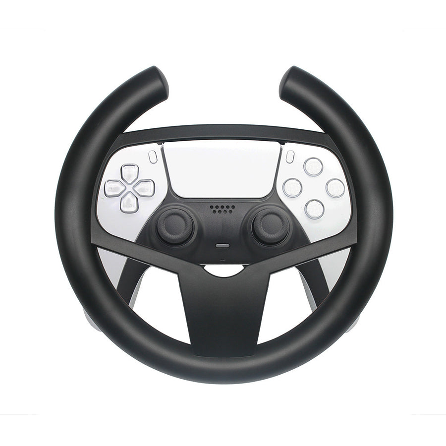 Black steering wheel with gaming controller interface on a white background
