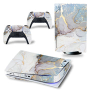 Gaming console and controllers with marble pattern skin on a white background