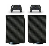 Carbon fiber texture skin designs for gaming console and controllers on a white background