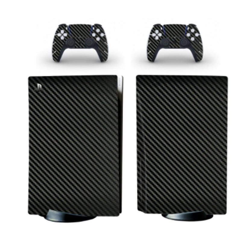 Carbon fiber texture skin designs for gaming console and controllers on a white background