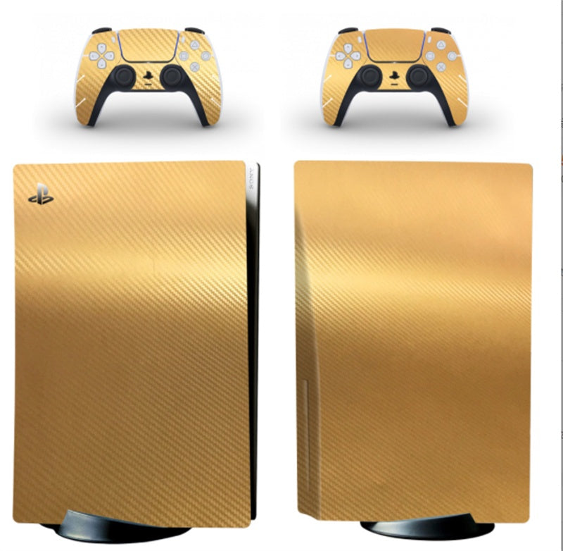 Gold gaming console and controller skin designs on a white background