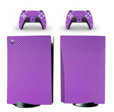 Purple carbon fiber patterned skin for gaming console and controllers on a white background