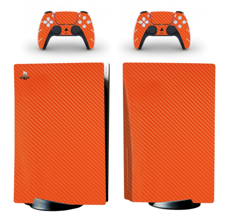 Orange textured gaming console and controller skin design on a white background