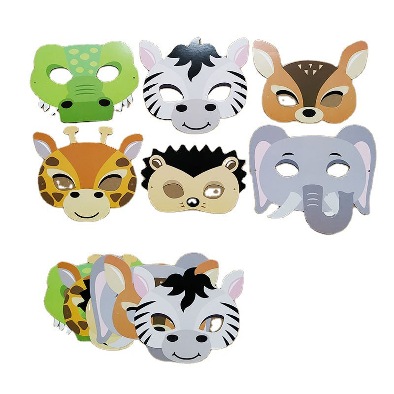 Set of animal masks including a green frog, white zebra, brown fox, orange tiger, black and white elephant, and more on a white background.