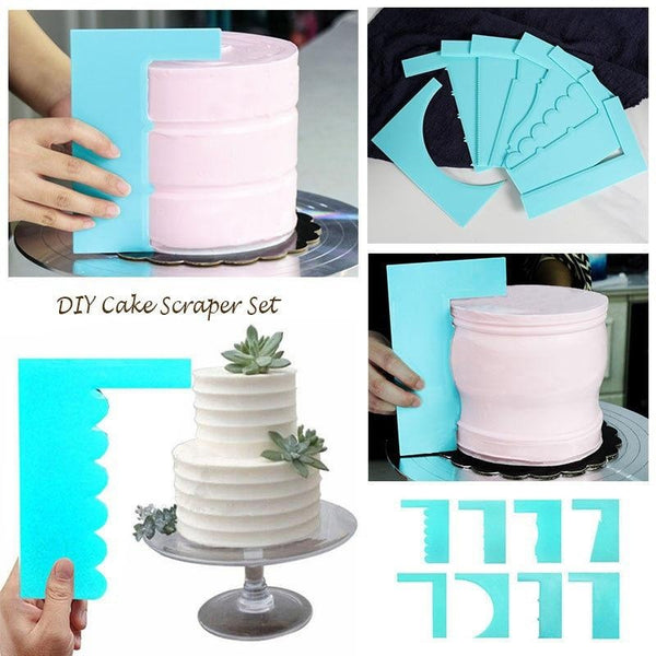 Collage of a DIY cake scraper set being used on a cake with decorative elements.