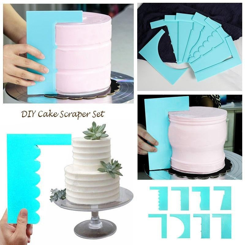 Collage of a DIY cake scraper set being used on a cake with decorative elements.