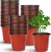 Stacks of red and brown plant pots with a single green potted plant on a white background