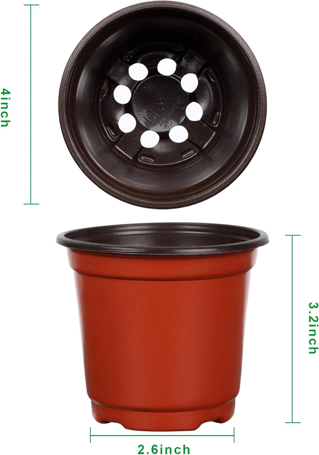 Black plastic pot with drainage holes and dimensions labeled on a white background