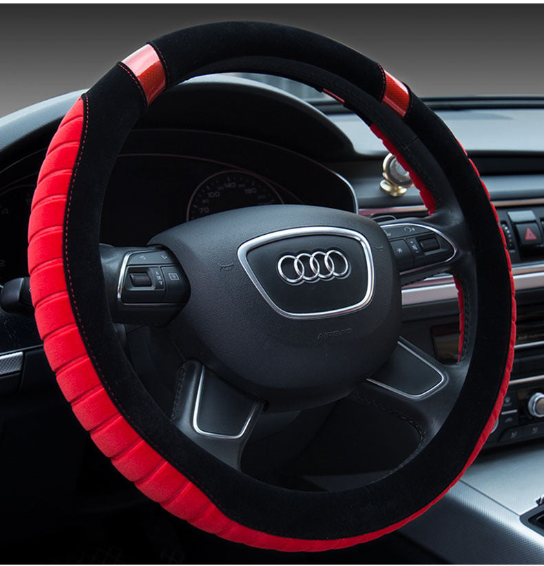 Close-up of a black short plush steering wheel cover with a soft velvet texture and anti-slip inner ring