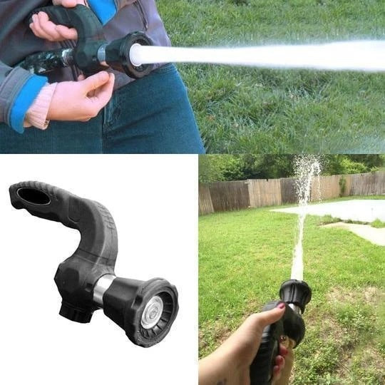 Garden hose nozzle being used to spray water on grass, with close-up of nozzle and additional use in a garden.