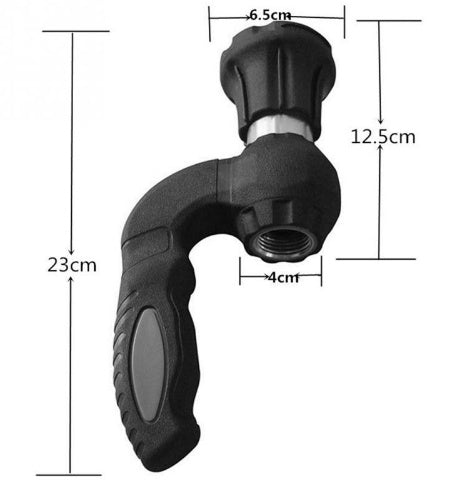Black garden hose nozzle with measurements on a white background
