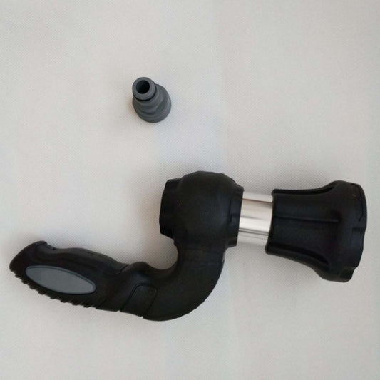 Black and silver garden hose nozzle on a white background