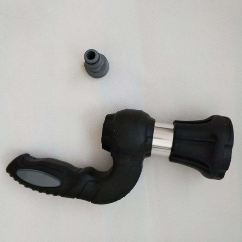 Black and silver garden hose nozzle on a white background