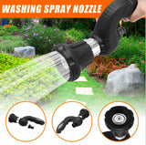 Washing spray nozzle being used in a garden with additional views of the nozzle.