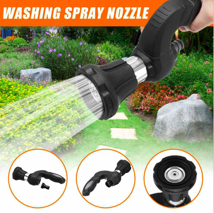 Washing spray nozzle being used in a garden with additional views of the nozzle.