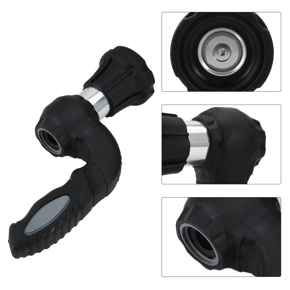 Black and silver spray nozzle with close-up details on a white background