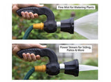 Garden hose nozzle with two nozzles labeled for different water spray types.