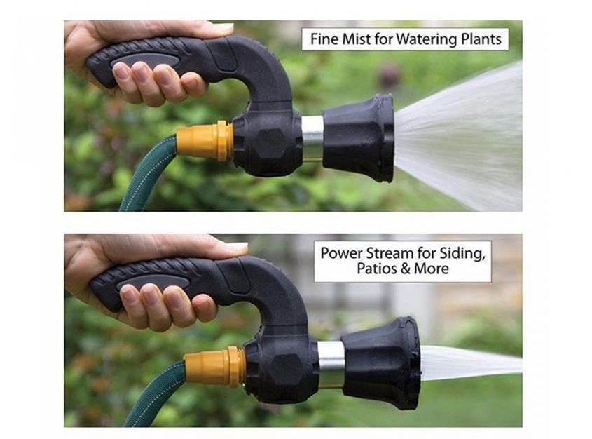 Garden hose nozzle with two nozzles labeled for different water spray types.