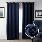 Navy blue curtains with a close-up of fabric texture in a room setting.