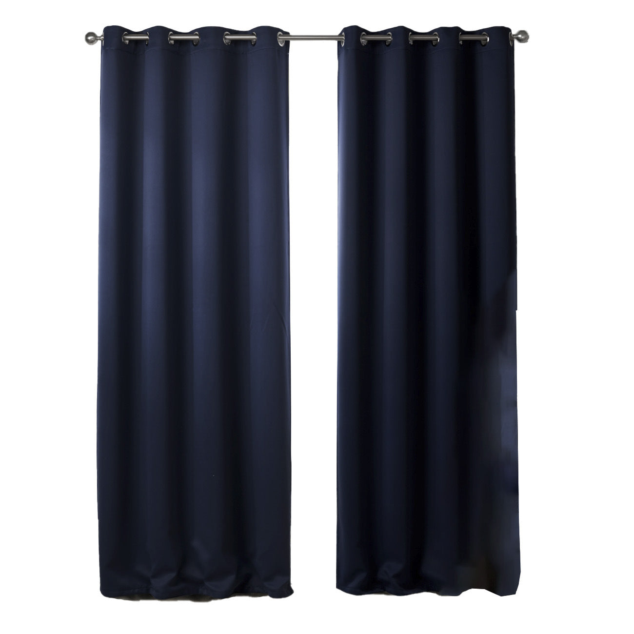 Pair of navy blue curtains with grommets on a white background