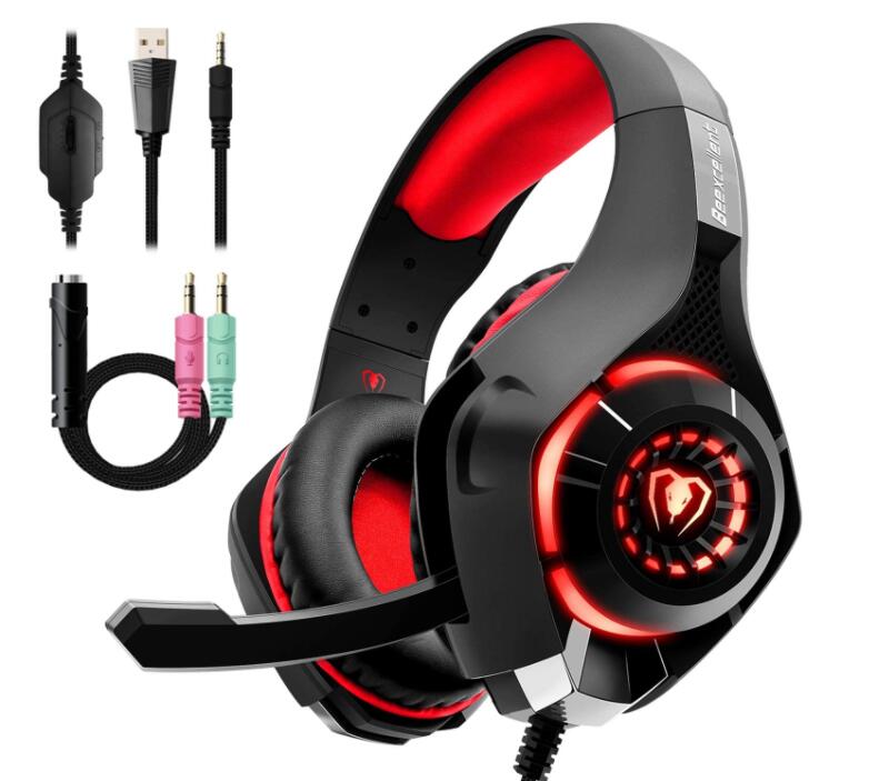 Gaming headset with red accents and additional cables on a white background