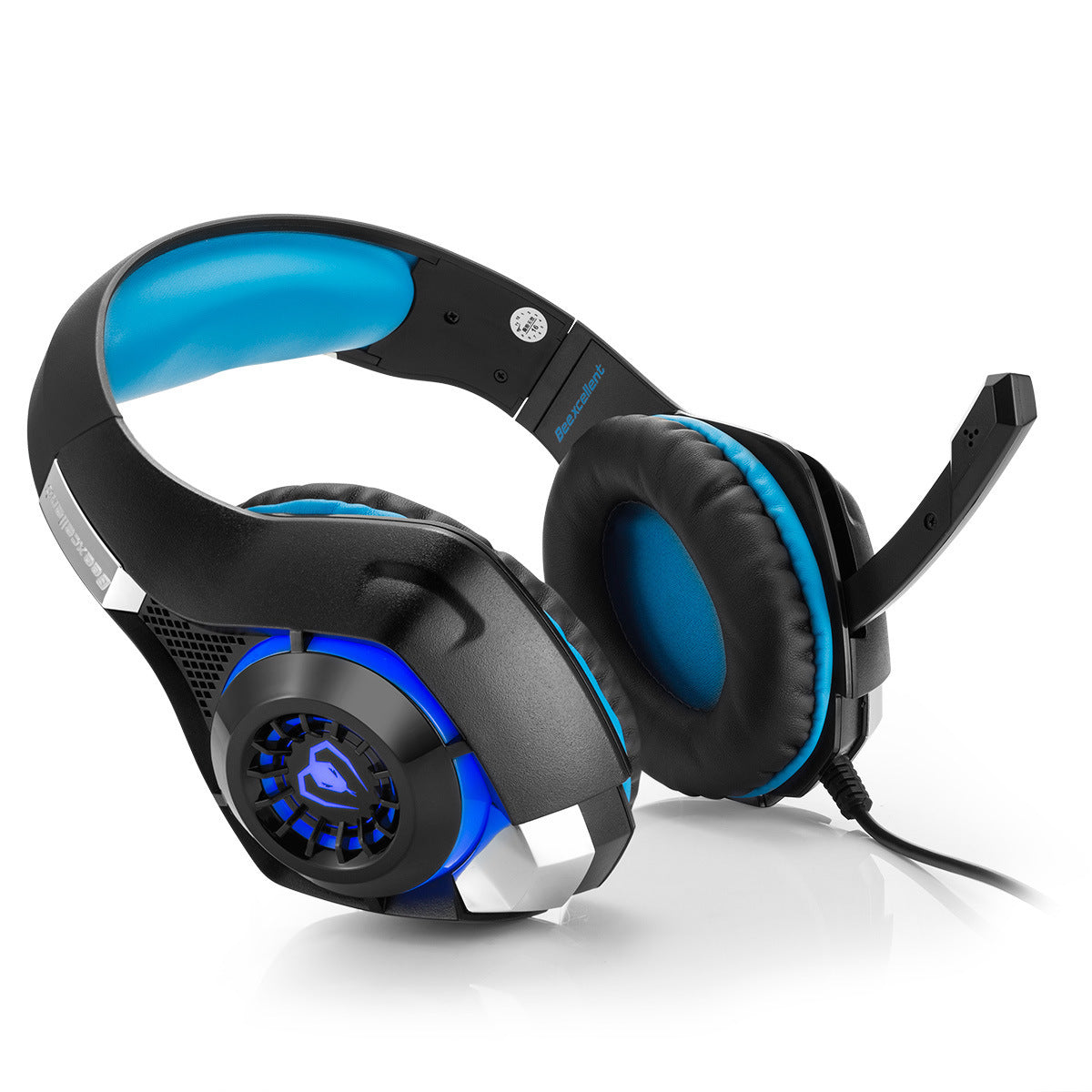 Gaming headset with black and blue design on a white background