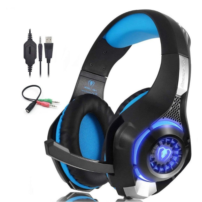 Black and blue gaming headset with microphone and cables on a white background