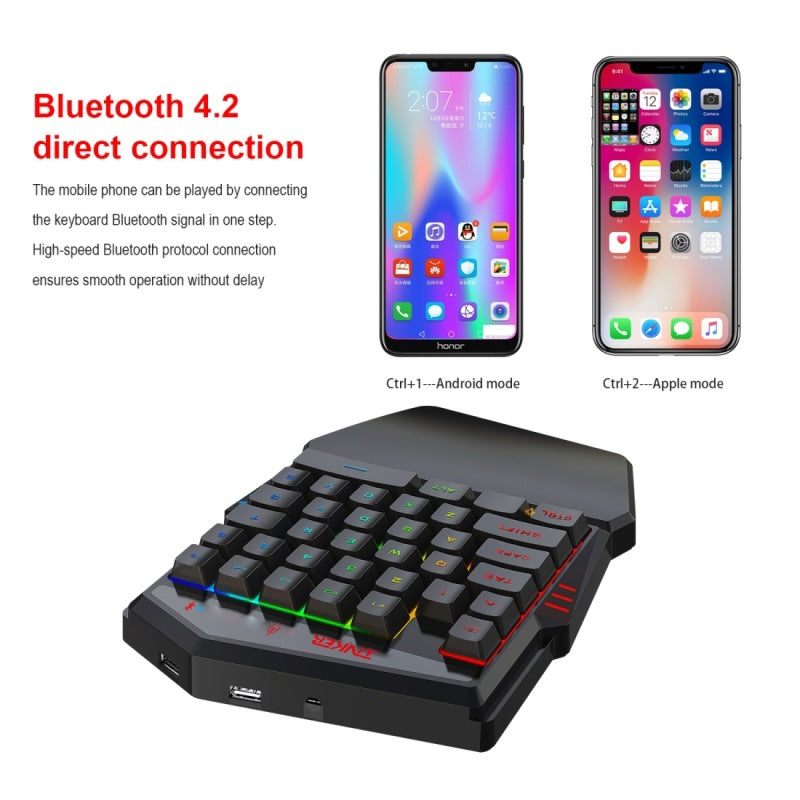 Keyboard with Bluetooth 4.2 direct connection feature, showing smartphone app interfaces.