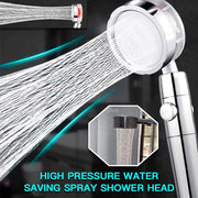 High pressure water saving spray shower head with water flow illustration and close-up view.
