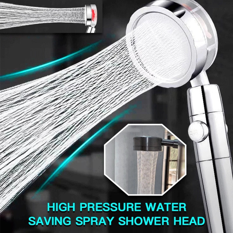 High pressure water saving spray shower head with water flow illustration and close-up view.