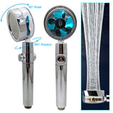 Chrome handheld shower head with 360° rotation feature on a white background
