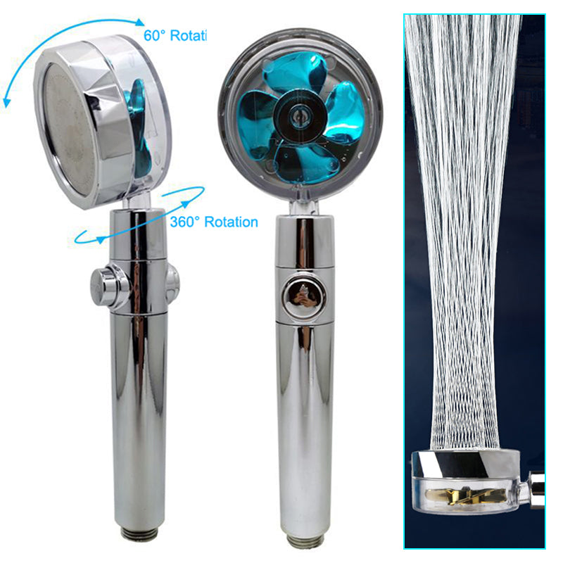 Chrome handheld shower head with 360° rotation feature on a white background
