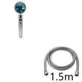 Handheld shower head with blue nozzle and 1.5m hose on a white background