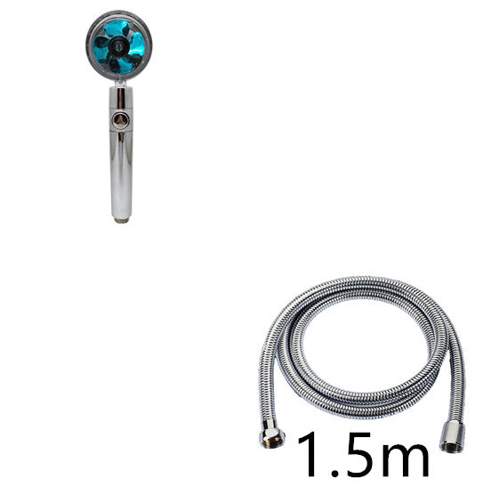 Handheld shower head with blue nozzle and 1.5m hose on a white background