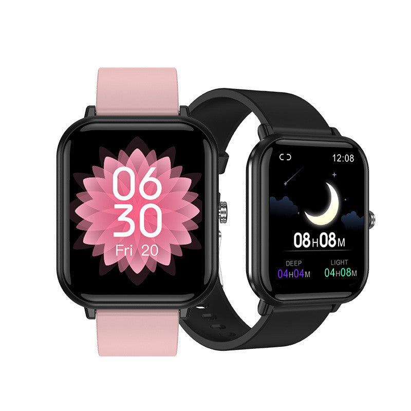 Two smartwatches with different screen displays on a white background