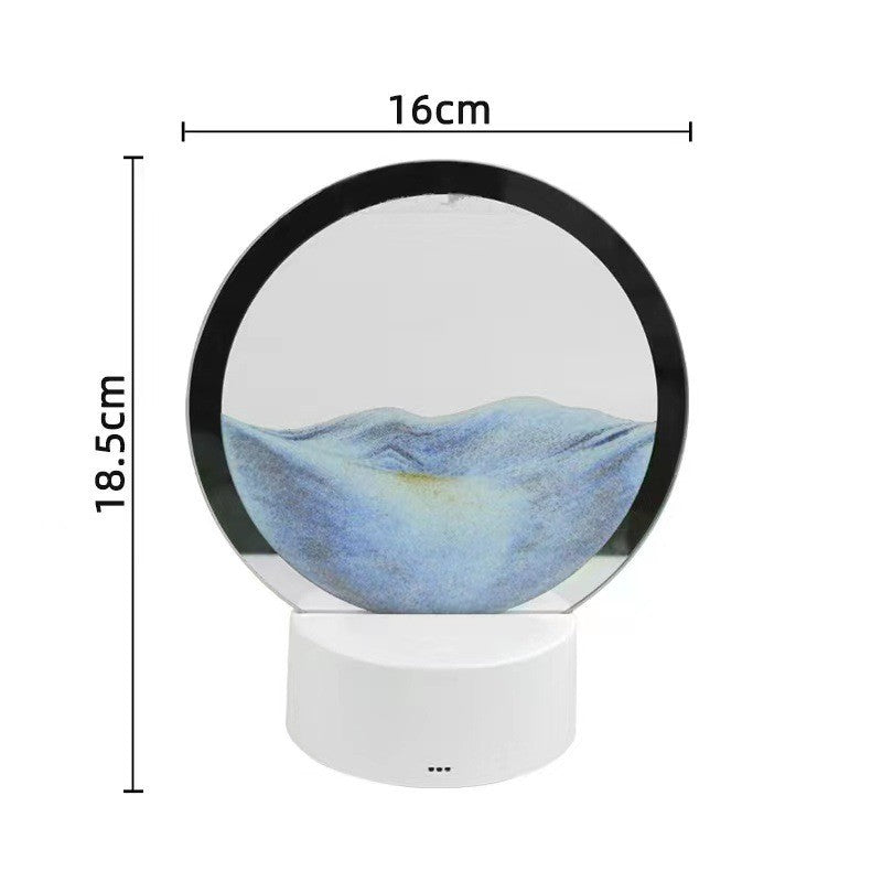 Round night light with mountain design and dimensions on a white background