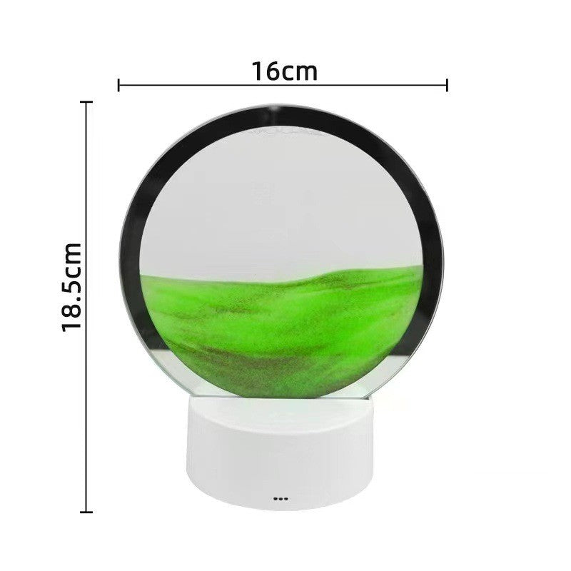 Round night light with green landscape design and measurements on a white background