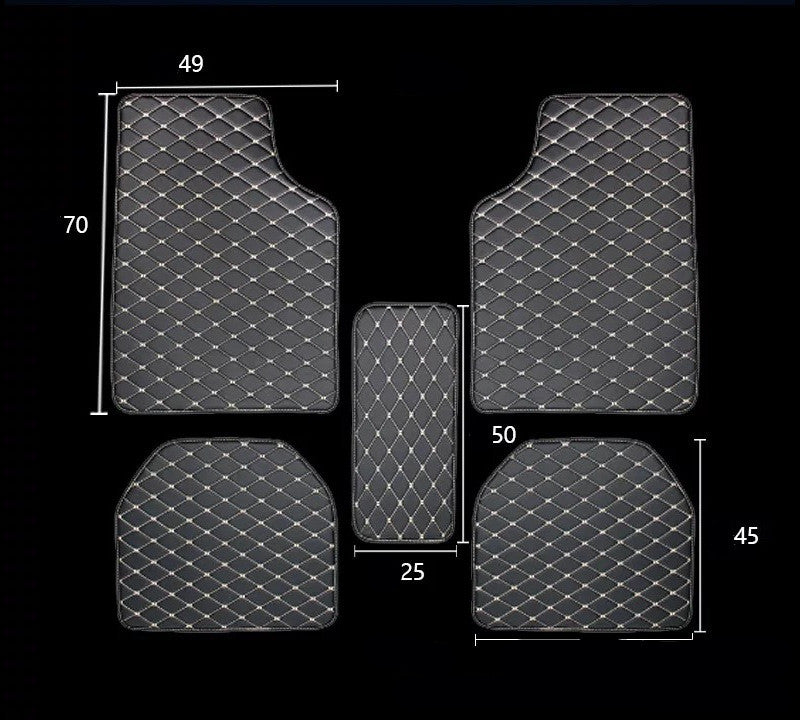 Car floor mats with measurements on a black background