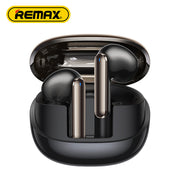 Black wireless earbuds in a charging case with Remax logo above