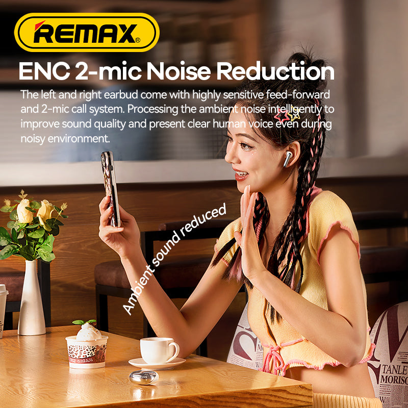 Woman using a smartphone with Remax earbuds in a cafe setting, emphasizing noise reduction feature.
