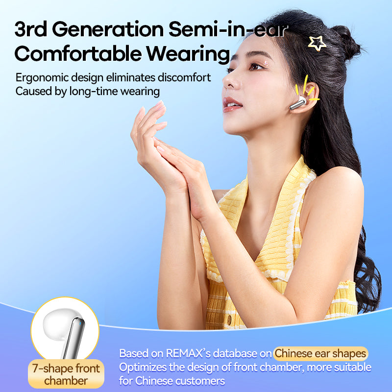 Woman wearing earphones with text about 3rd generation semi-in-ear comfort and ergonomic design.