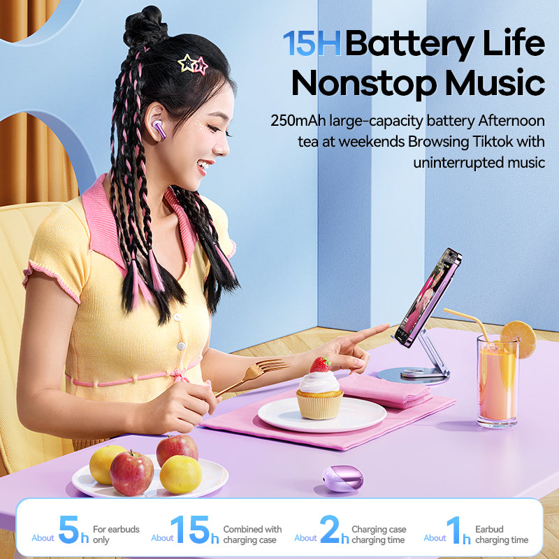 Woman using earbuds with a smartphone, sitting at a table with a cupcake and juice, with text about battery life and features.