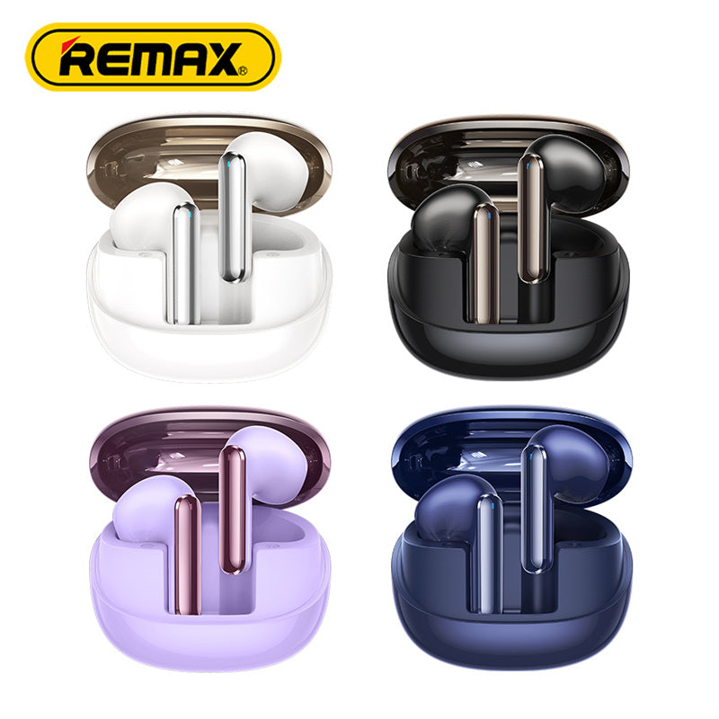 Four pairs of wireless earbuds in different colors with Remax logo.
