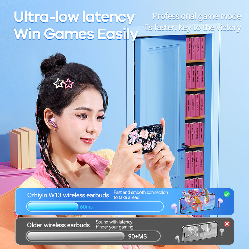 Woman using wireless earbuds with text about ultra-low latency gaming on a blue background