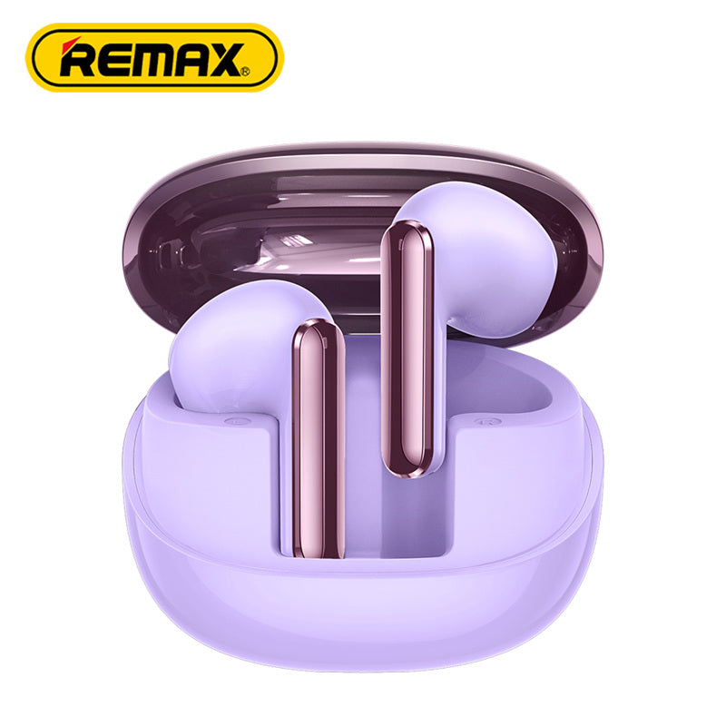 Purple wireless earbuds in a charging case with Remax logo.