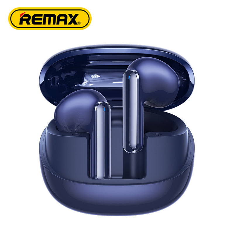 Blue wireless earbuds in charging case with Remax logo on a white background