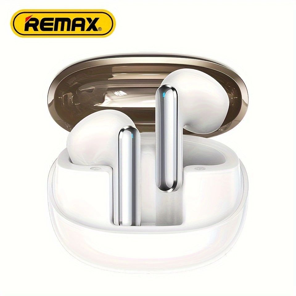 Remax wireless earbuds in a clear case on a white background