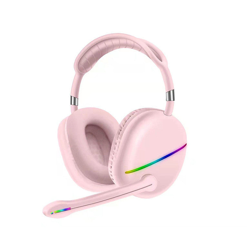 Pink headphones with a rainbow accent on a white background